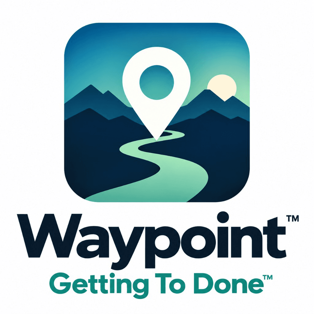 Waypoint logo: a path toward a map pin, with the tagline Getting To Done